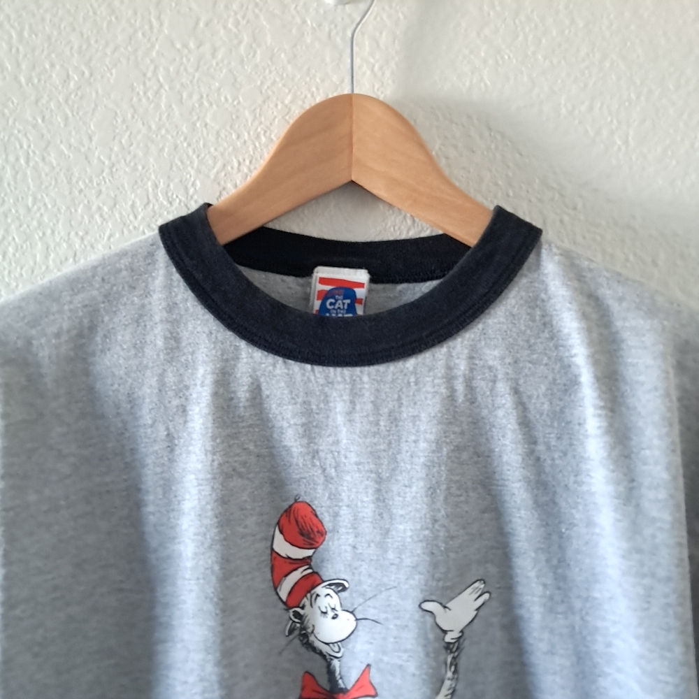Vintage Dr. Seuss Cat in the Hat Graphic T Shirt Ringer Cotton Blend Grey Medium - Picture 2 of 7